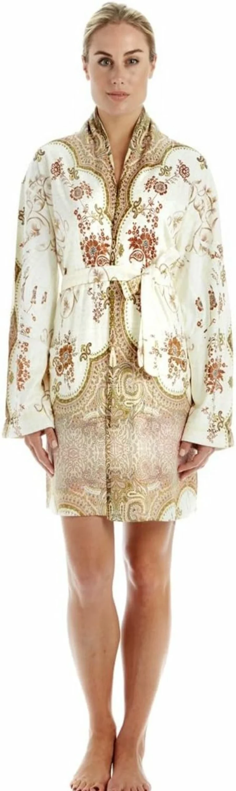 Crazy4Bling Beige & Brown Marrakesh Microfiber Short Robe for Women - S/M Cozy Lounge Wrap