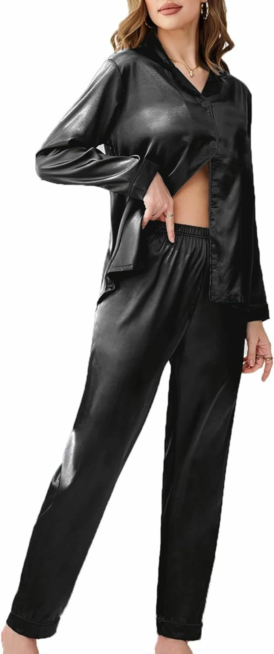 FT FENTENG Women's Satin Pajama Set - Long Sleeve Silky Sleepwear with Button Down Top & Pants - Soft Comfortable Loungewear for Women