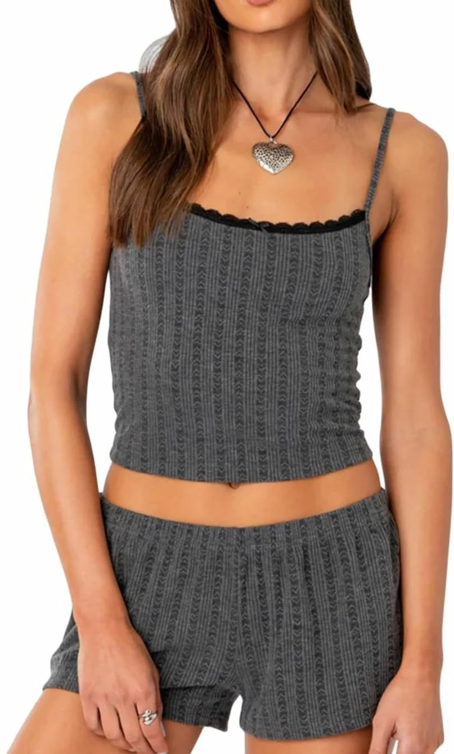 Wedcur Women's Y2K Pajama Set - Heart Print Lace Trim Crop Top & Shorts Sleepwear for Women, Cute Lounge Nightwear Set