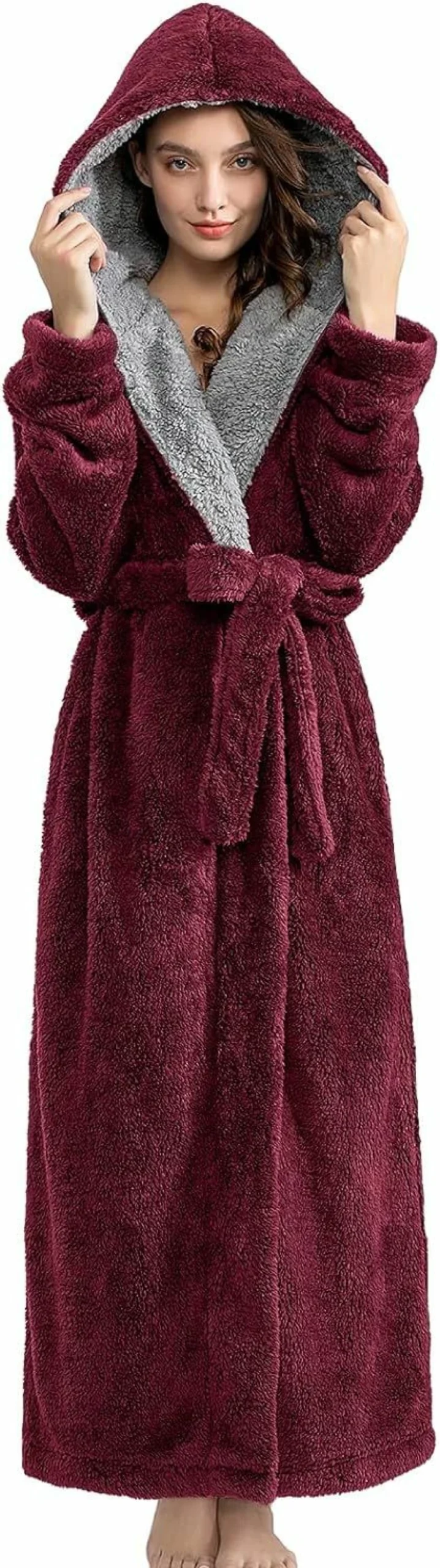 Hellomamma Women's Long Hooded Fleece Bathrobe - Warm Winter Flannel Robe for Shower, Pajamas & Lounge
