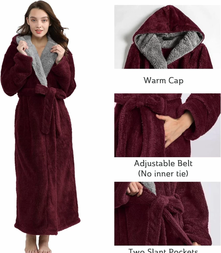 Hellomamma Women's Long Hooded Fleece Bathrobe - Warm Winter Flannel Robe for Shower, Pajamas & Lounge