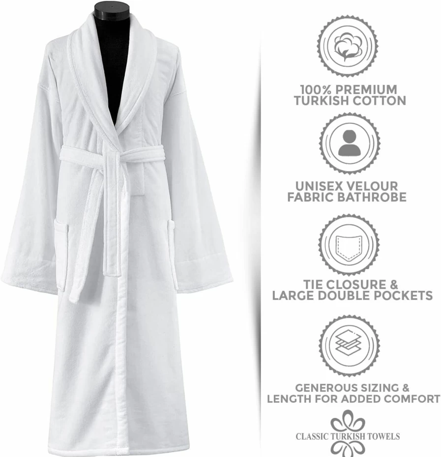 "Classic Turkish Towels Luxury Cotton Bathrobe - Ultra Soft Absorbent Plush Velour Robe for Men & Women"