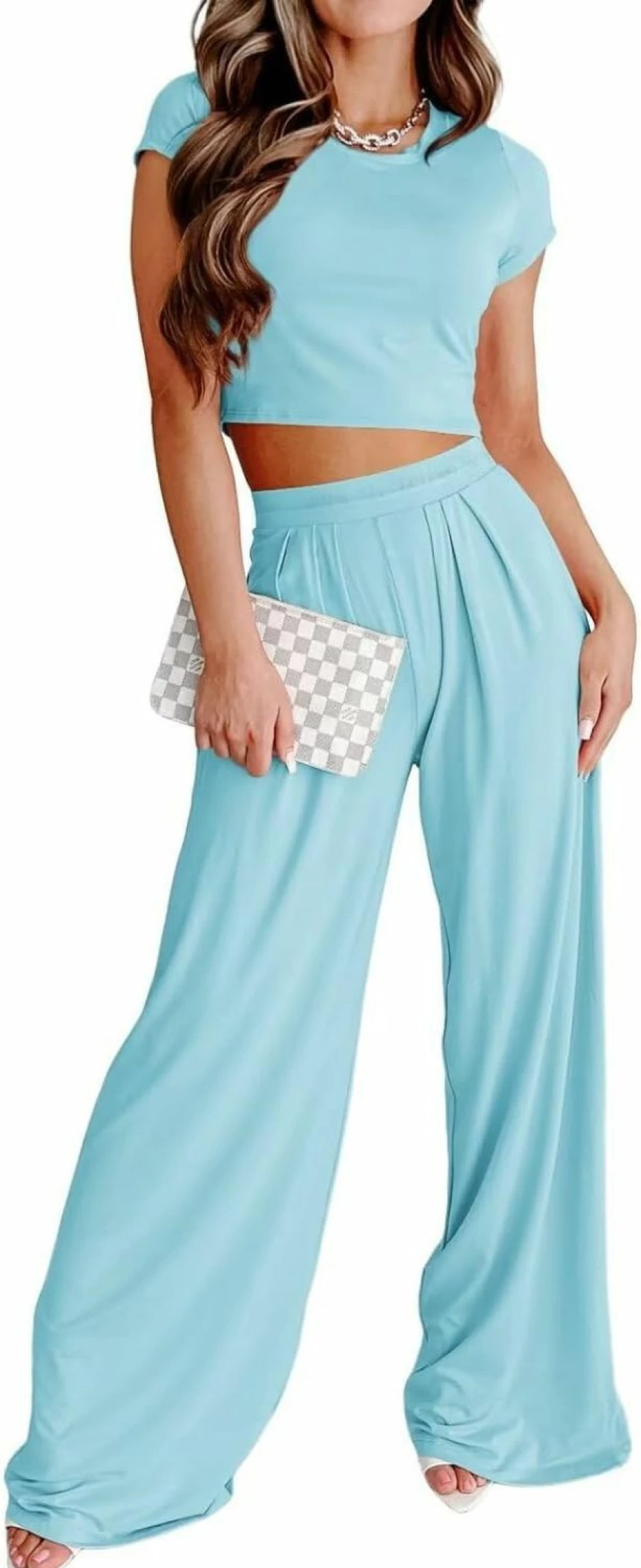 Ezbelle Women's Casual Two-Piece Set - Short Sleeve Crop Top & Wide Leg Pants Tracksuit Outfit