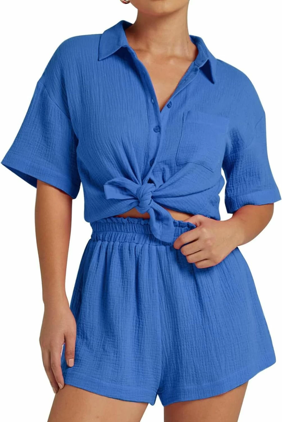 "ROJZR Women's Linen 2-Piece Lounge Set - Button Down Shirt & Elastic Shorts Pajama Outfit"