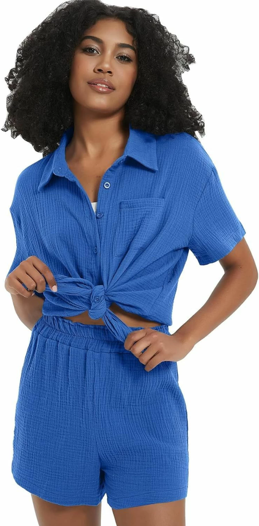 "ROJZR Women's Linen 2-Piece Lounge Set - Button Down Shirt & Elastic Shorts Pajama Outfit"