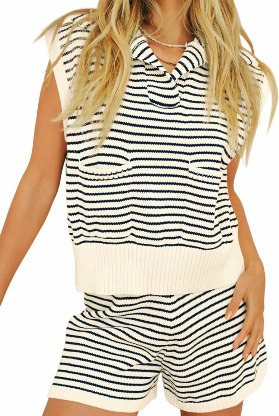 Imily Bela Women's Striped Knit Sweater and Shorts Lounge Set 2-Piece Outfit Sleeveless Pullover Top Comfortable Casual Wear