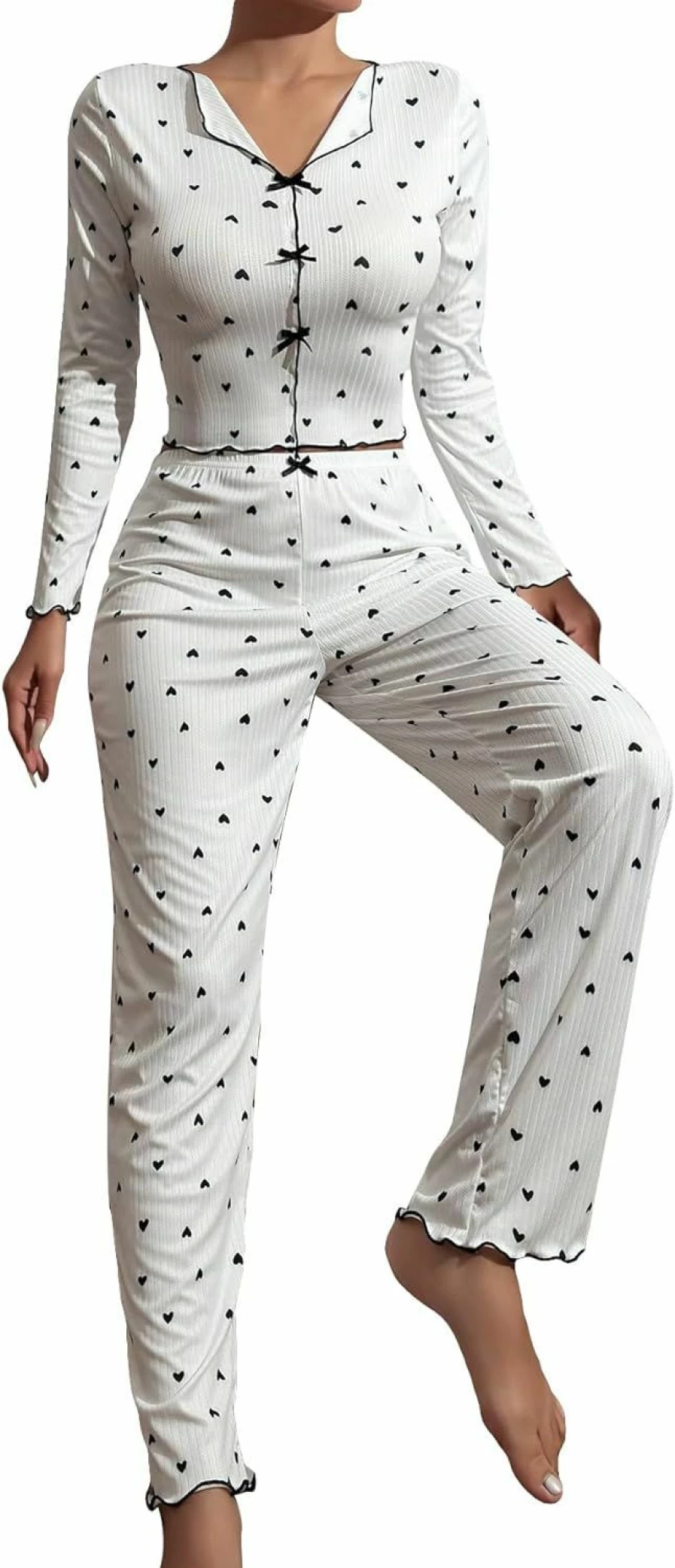 Verdusa Women's Floral Print Pajama Set - 2 Piece Long Sleeve Button Down V-Neck Sleepwear with Lace Trim