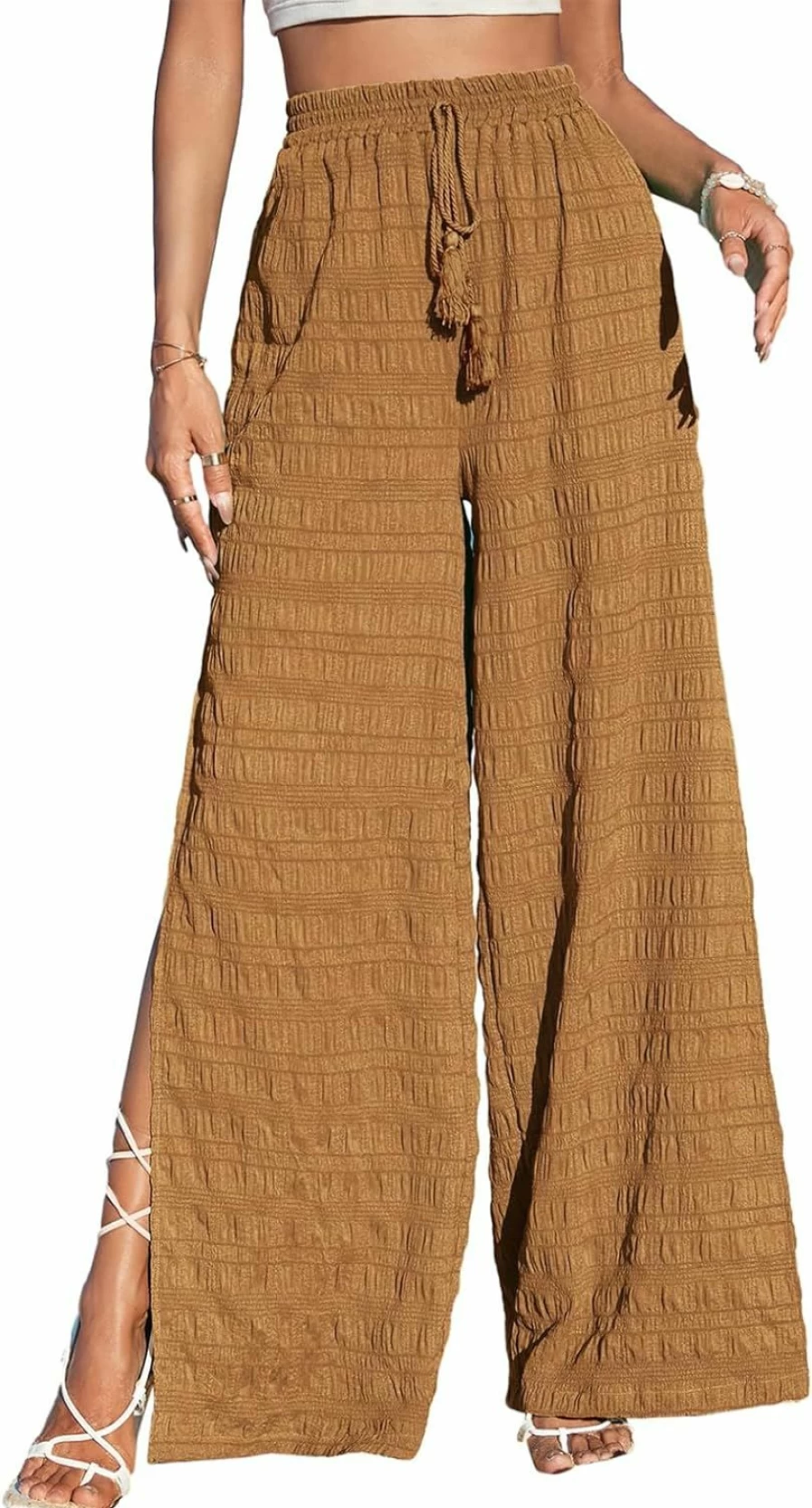 Dokotoo Women's High Waist Wide Leg Casual Pants with Elastic Waistband, Tie Drawstring & Side Split Detail