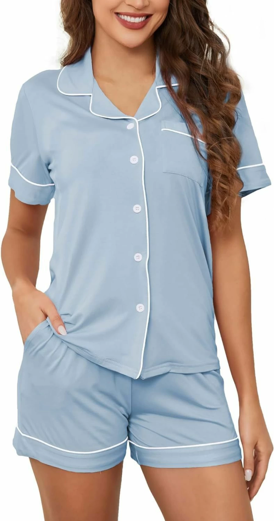 Hagmeu Women's Soft Short Sleeve Pajama Set with Pockets - Button Down Sleepwear & Lounge Shorts