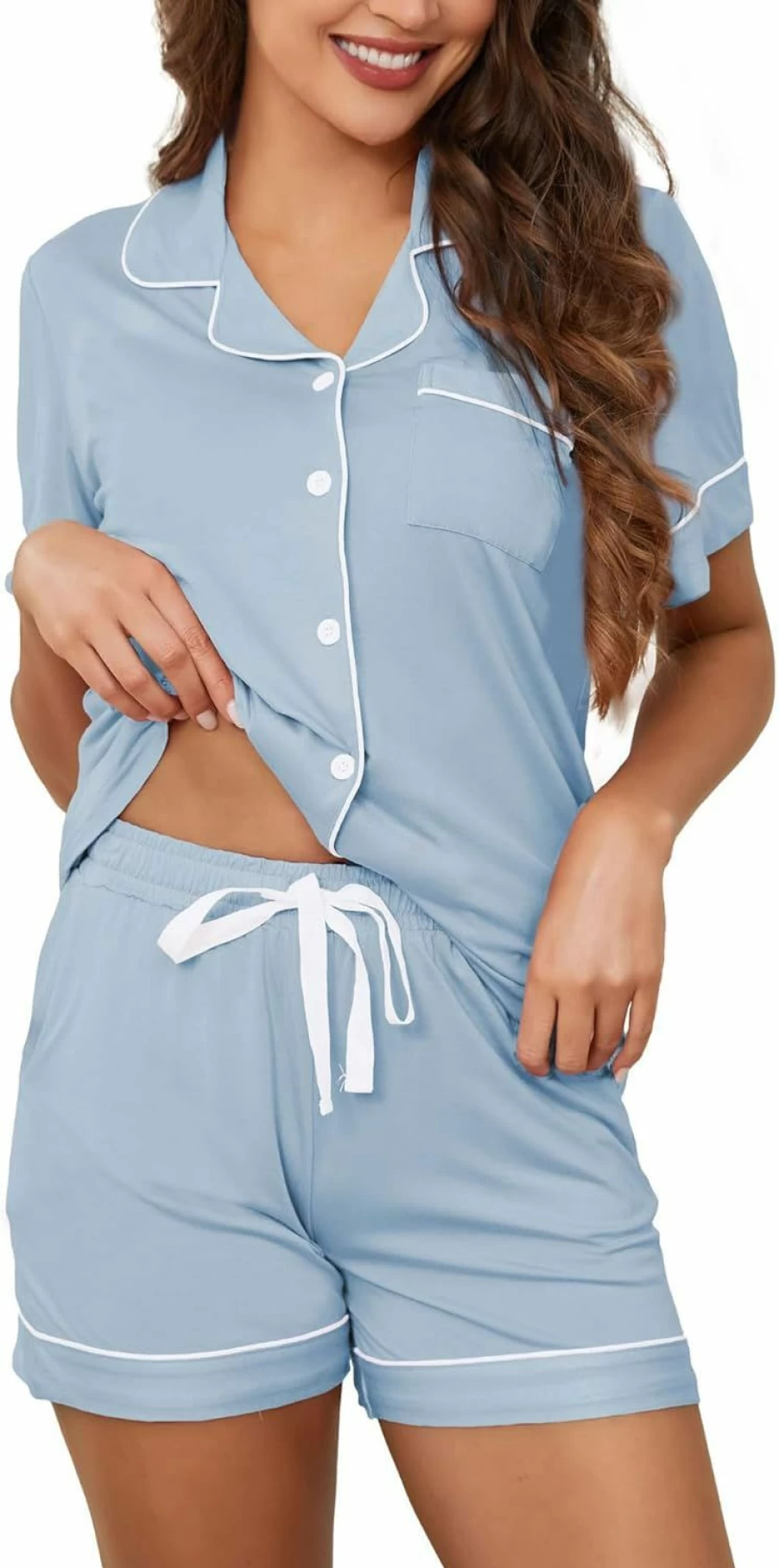 Hagmeu Women's Soft Short Sleeve Pajama Set with Pockets - Button Down Sleepwear & Lounge Shorts