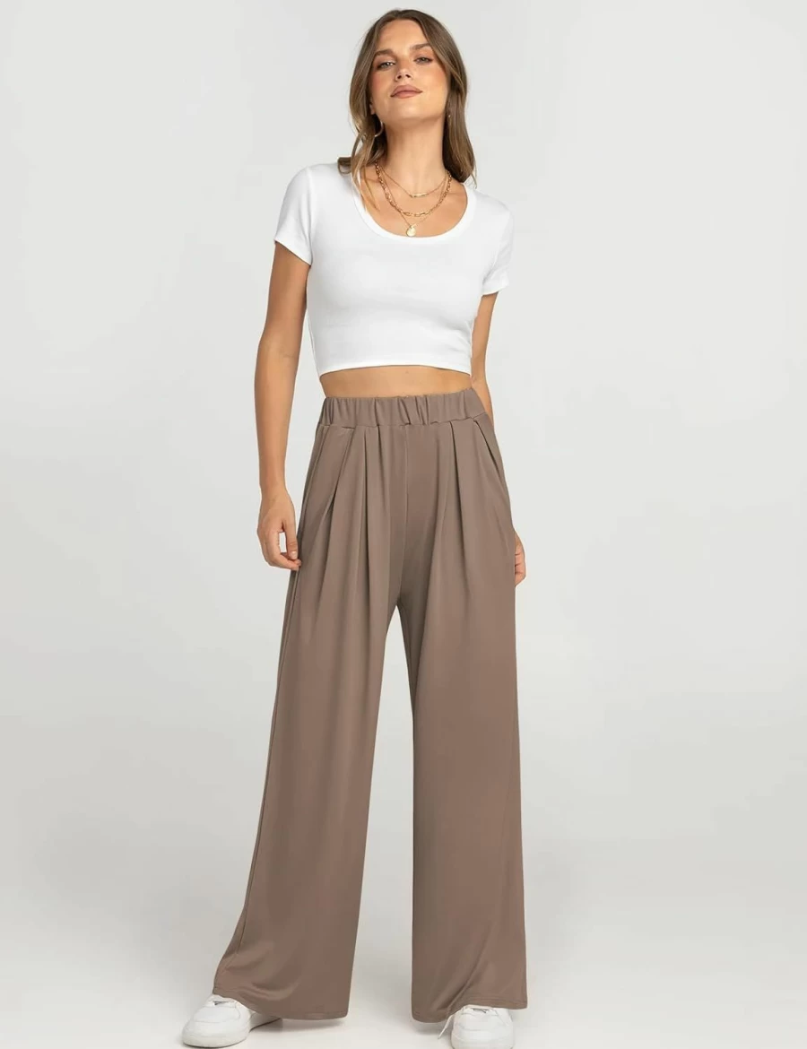 UEU Women's High Waisted Wide Leg Palazzo Pants - Casual Flowy Lounge Pants with Pockets