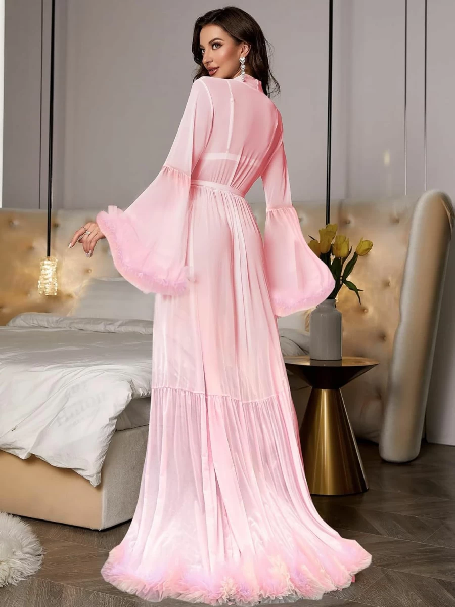 OYOANGLE Women's Sheer Mesh Wedding Robe with Ruffle Trim, Long Sleeve Belted Bridal Nightgown Lingerie