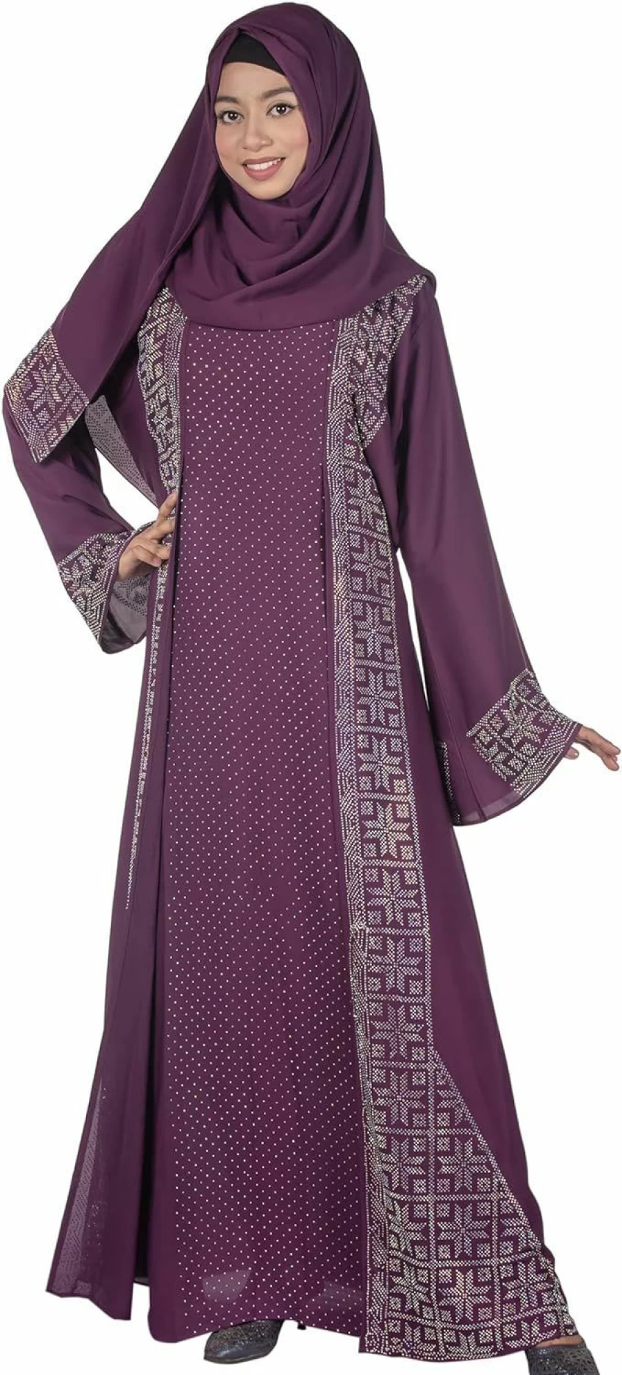 Elegant Muslim Abaya Dress for Women with Rhinestone Stars & Long Koti - 2 Unique Colors