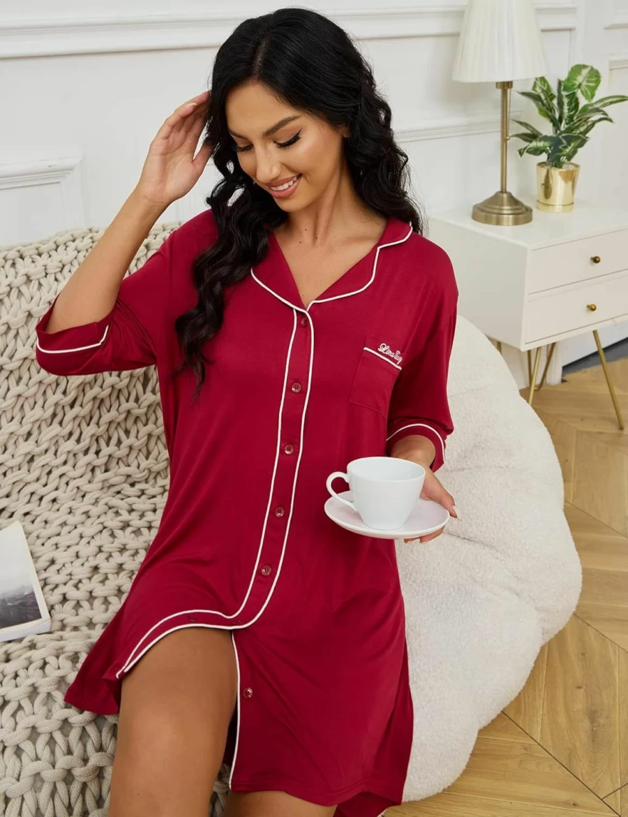 "Clocly Women's Button Down Nightgown - 3/4 Sleeve V-Neck Sleepshirt & Pajama Dress for Comfortable Sleepwear"