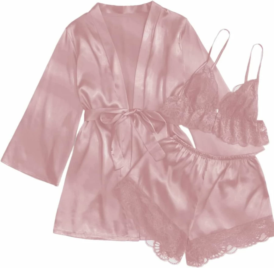 Verdusa Women's 3-Piece Satin Pajama Set with Lace Trim Camisole, Shorts & Robe for Comfortable Sleepwear