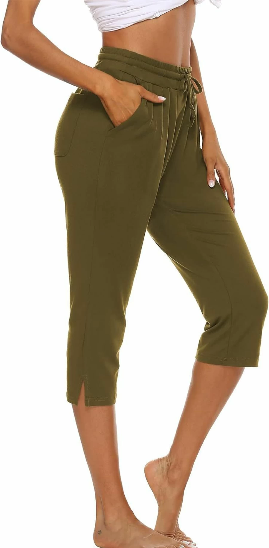 THANTH Women's Loose Fit Yoga Pants with Pockets - Comfortable Drawstring Capris for Lounge, Workout & Jogging