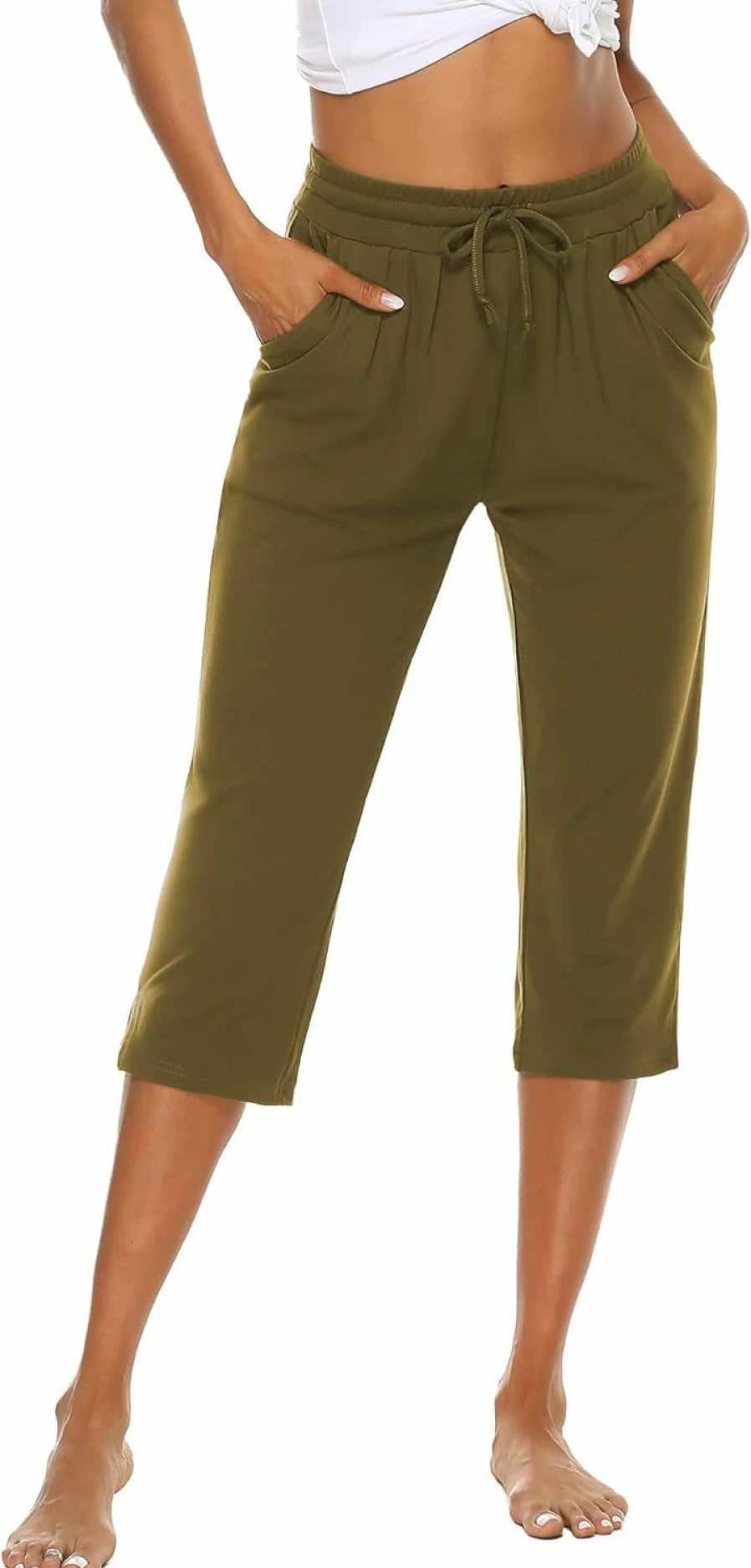 THANTH Women's Loose Fit Yoga Pants with Pockets - Comfortable Drawstring Capris for Lounge, Workout & Jogging