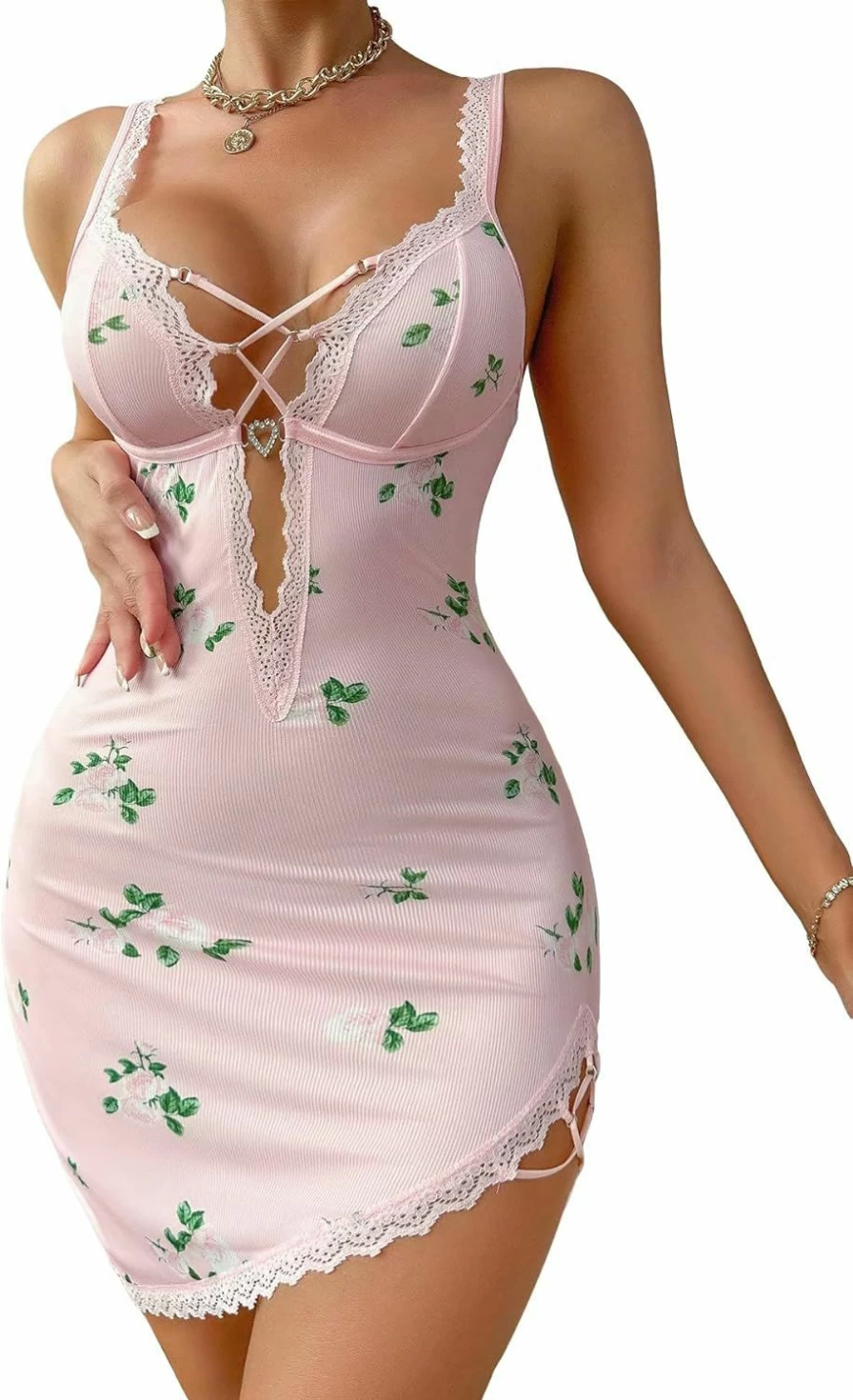 SHENHE Women's Floral Lace Trim Sexy Chemise Nightgown - Ribbed Deep V-Neck Slip Dress for Sleepwear