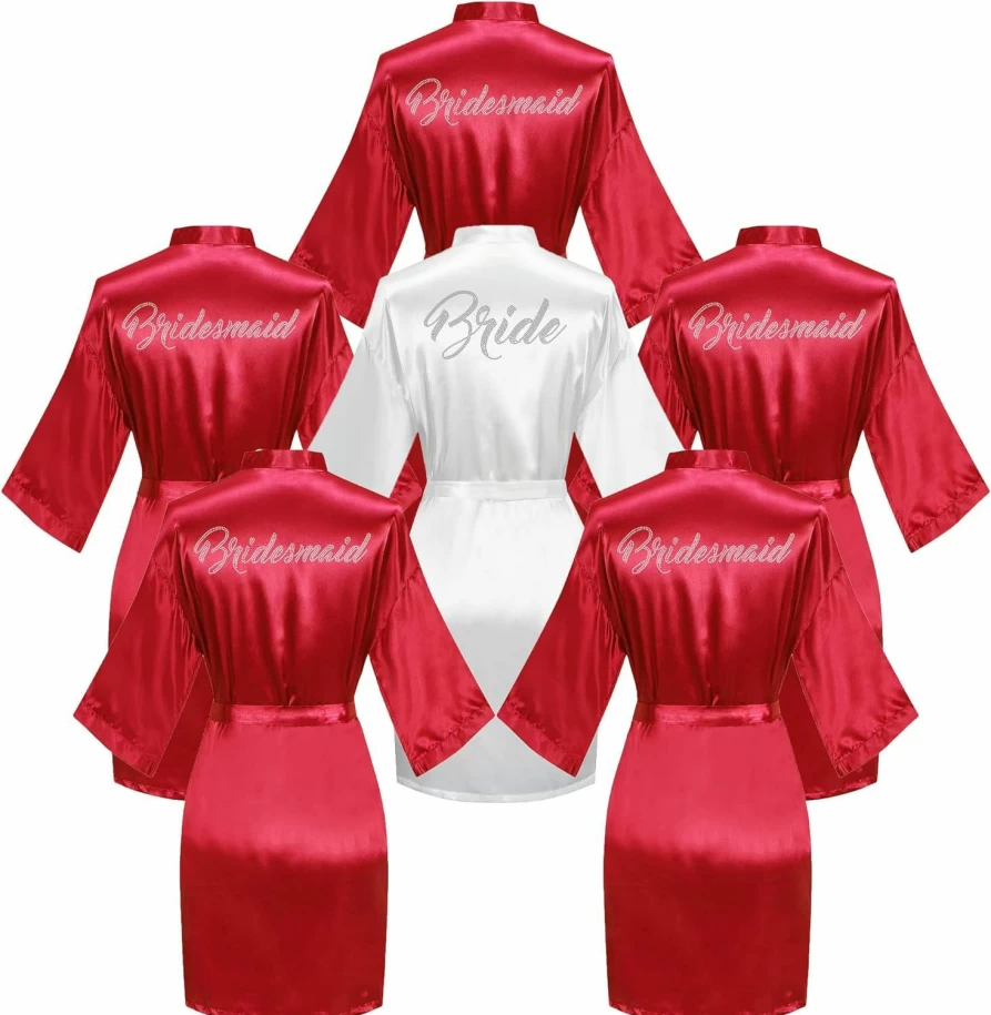Valennia 6-Piece Bridal Party Robes Set - Bride & Bridesmaids Luxury Kimono Bathrobes with Rhinestone Detail for Wedding Getting Ready