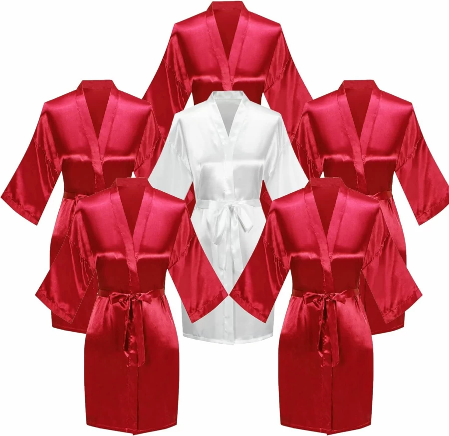 Valennia 6-Piece Bridal Party Robes Set - Bride & Bridesmaids Luxury Kimono Bathrobes with Rhinestone Detail for Wedding Getting Ready