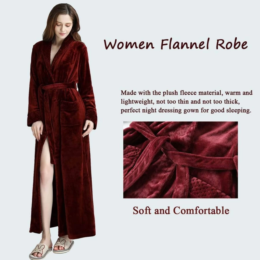Hellomamma Women's Plush Fleece Bathrobe - Soft Long Housecoat for Sleepwear, Loungewear & Spa