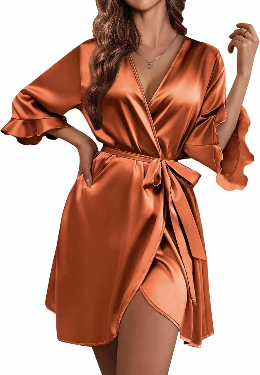 Ekouaer Women's Satin Kimono Robe - Valentine's Lingerie Sleepwear with Ruffle Trim & Belt, Bridesmaid Bathrobe for Wedding Party
