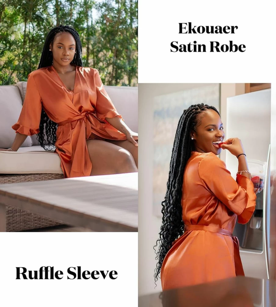 Ekouaer Women's Satin Kimono Robe - Valentine's Lingerie Sleepwear with Ruffle Trim & Belt, Bridesmaid Bathrobe for Wedding Party