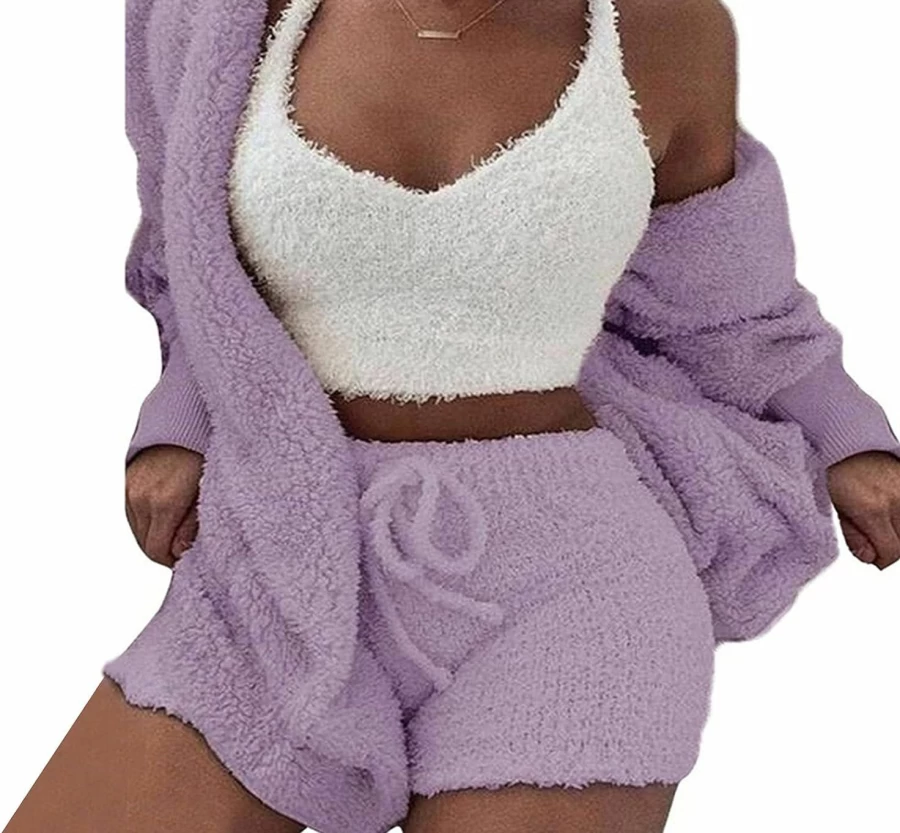 Famnbro Women's Fleece Hooded Cardigan & Shorts Set - Cozy 3-Piece Loungewear for Winter, Warm Pajama Pants & Crop Top Outfit