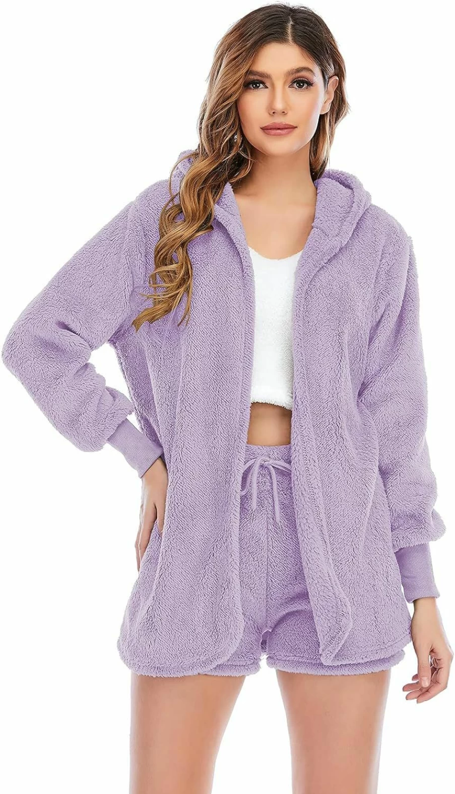 Famnbro Women's Fleece Hooded Cardigan & Shorts Set - Cozy 3-Piece Loungewear for Winter, Warm Pajama Pants & Crop Top Outfit