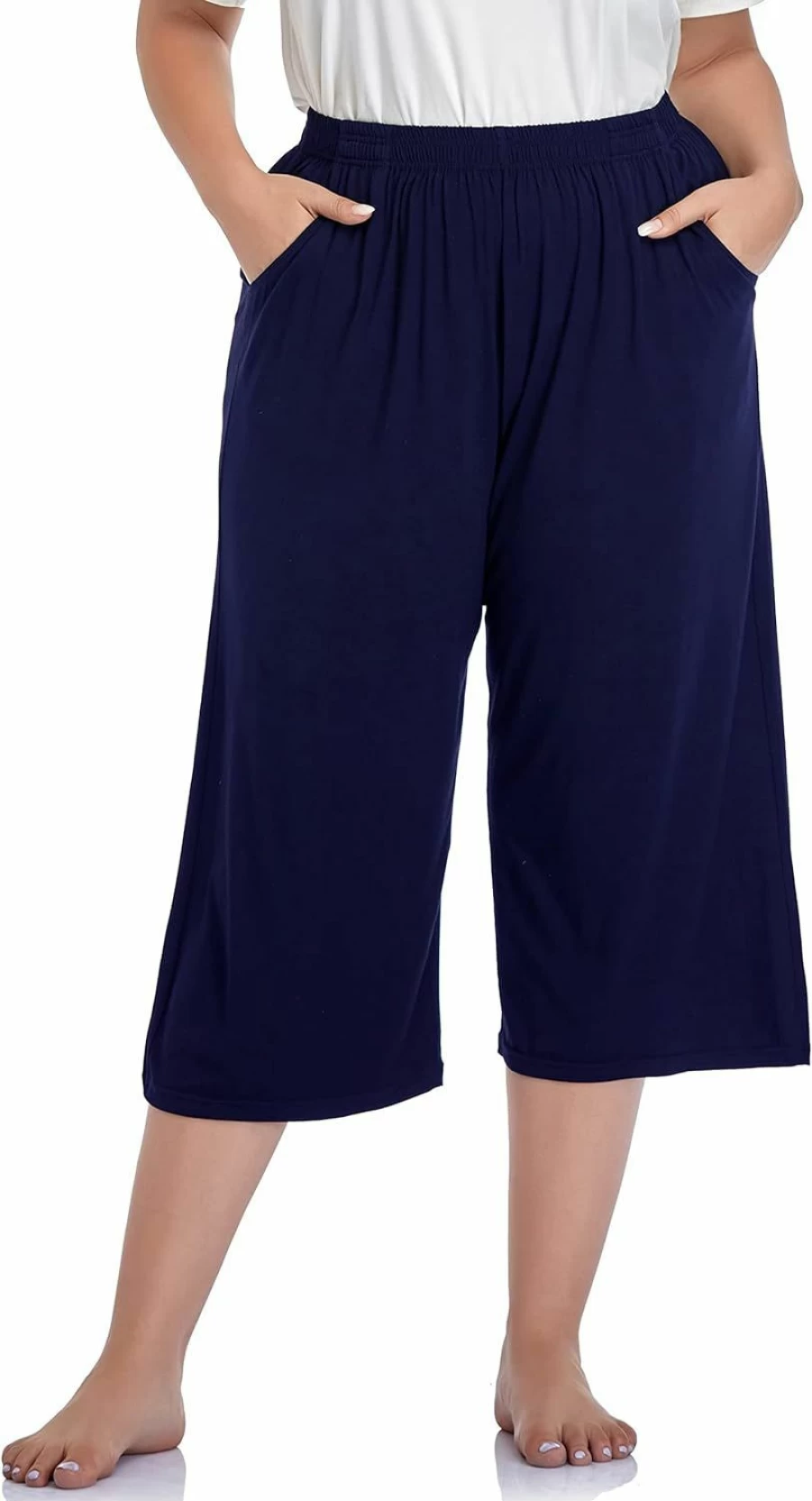 ZERDOCEAN Women's Plus Size Stretchy Lounge Capris with Pockets - Soft Modal Relaxed Fit Casual Pants