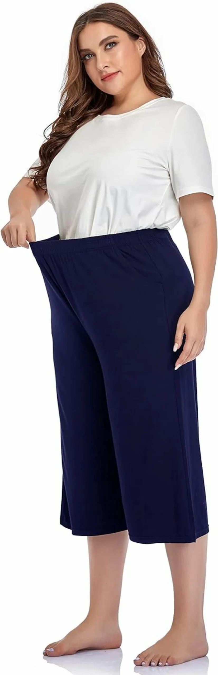 ZERDOCEAN Women's Plus Size Stretchy Lounge Capris with Pockets - Soft Modal Relaxed Fit Casual Pants