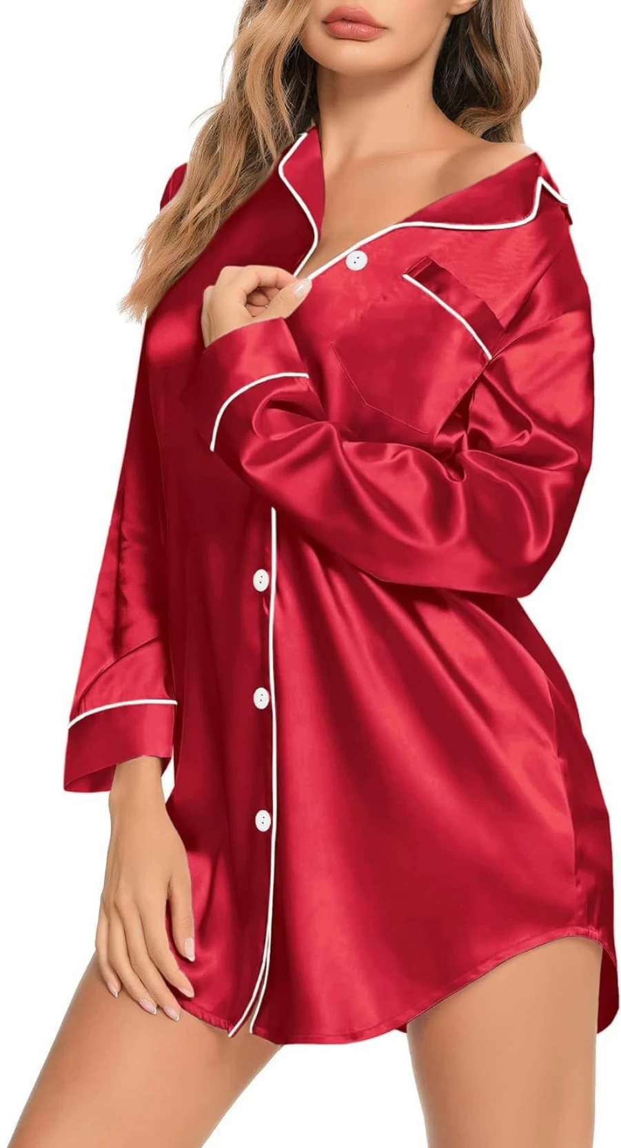 SWOMOG Women's Silk Satin Sleep Shirt Long Sleeve Button Down Pajama Top Luxury Nightshirt for Women
