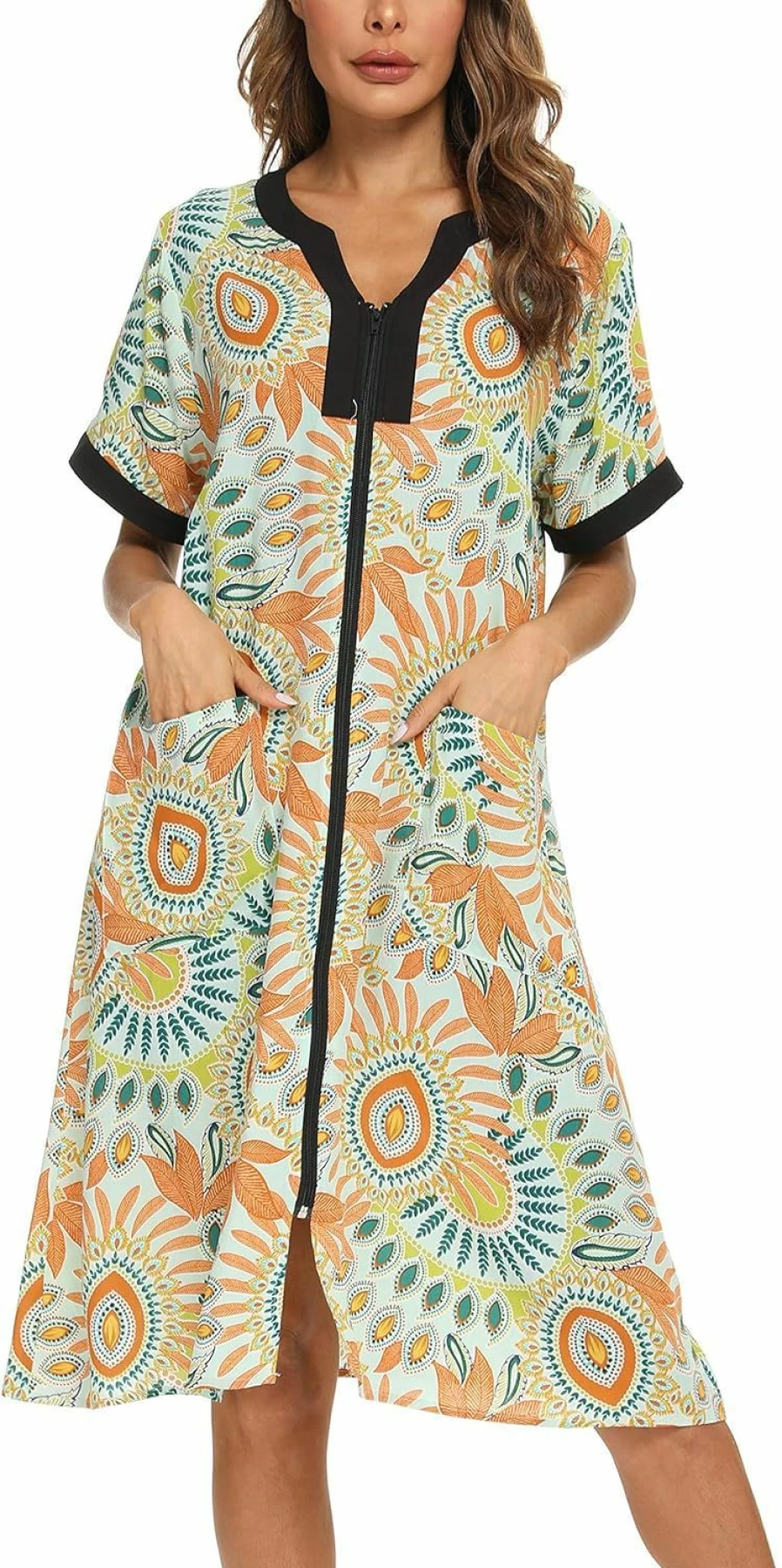 YOZLY Women's Lightweight House Dress with Front Zipper & Pockets - Comfortable Duster Robe