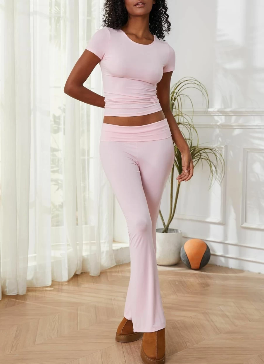 Eutten Women's 2-Piece Lounge Set - Soft Flare Pants & Cropped Short Sleeve Top, Comfortable Pajama Set for Casual Wear