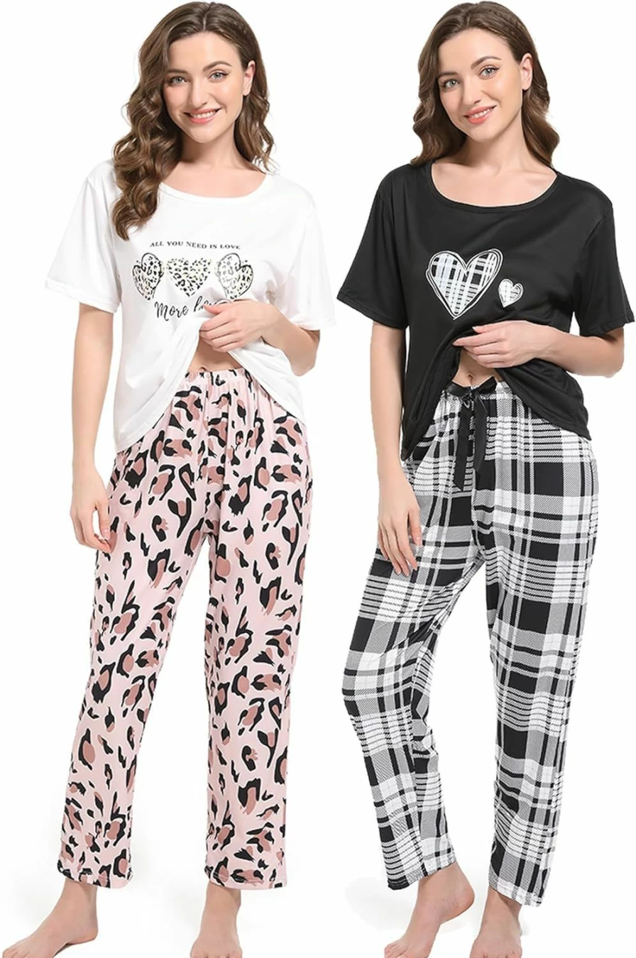 Ceexolliss Women's Pajama Set - 2 Pack Short Sleeve Sleepwear & Lounge Pants with Plaid & Leopard Print