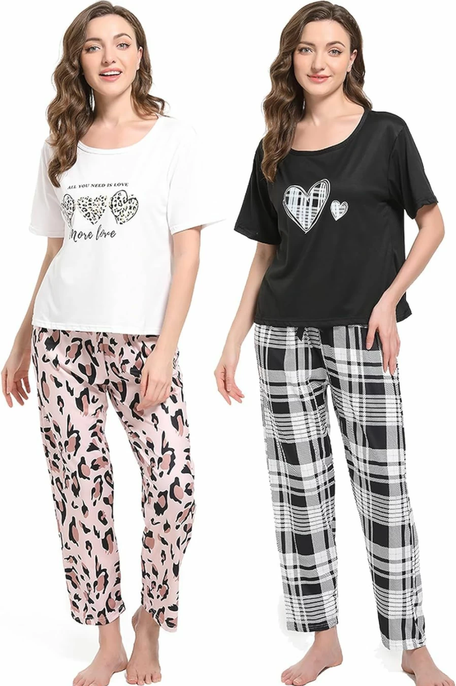 Ceexolliss Women's Pajama Set - 2 Pack Short Sleeve Sleepwear & Lounge Pants with Plaid & Leopard Print