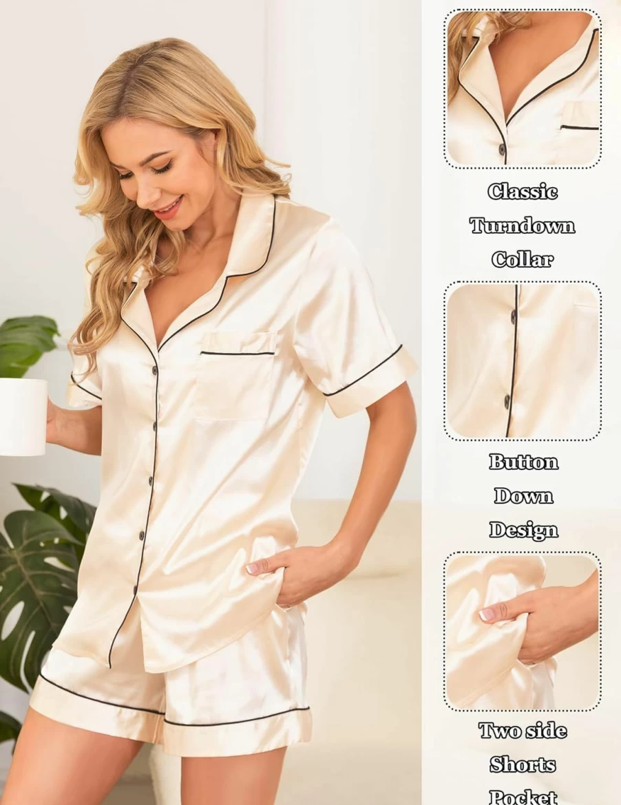 Gepansis Women's Silk Satin Pajama Set - Short Sleeve Button Down Sleepwear Comfortable Lounge Pj Set Sizes S-XXL