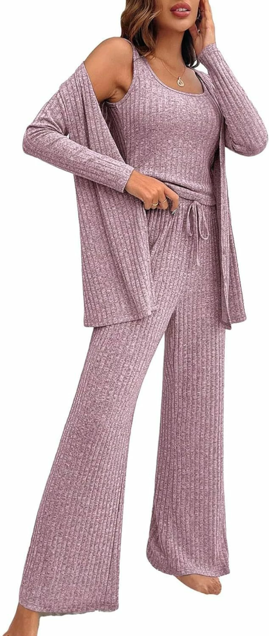 MakeMeChic Women's 3-Piece Pajama Set - Soft Lounge Cardigan, Tank Top & Pants for Comfortable Nightwear