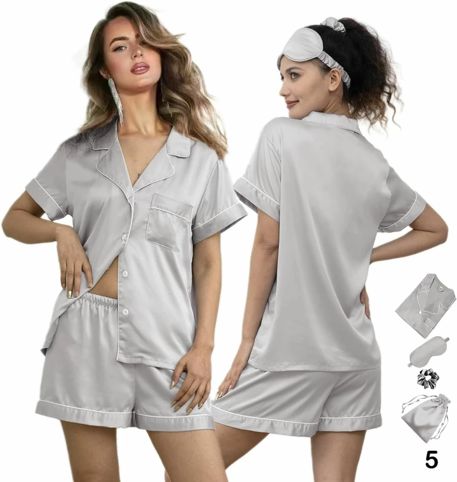 "WJing Yi Jia Women's Satin Pajama Set - 5Pcs Floral Sleepwear, Button-Down Silk Pajamas, Lounge PJs in Sizes XS-4XL"