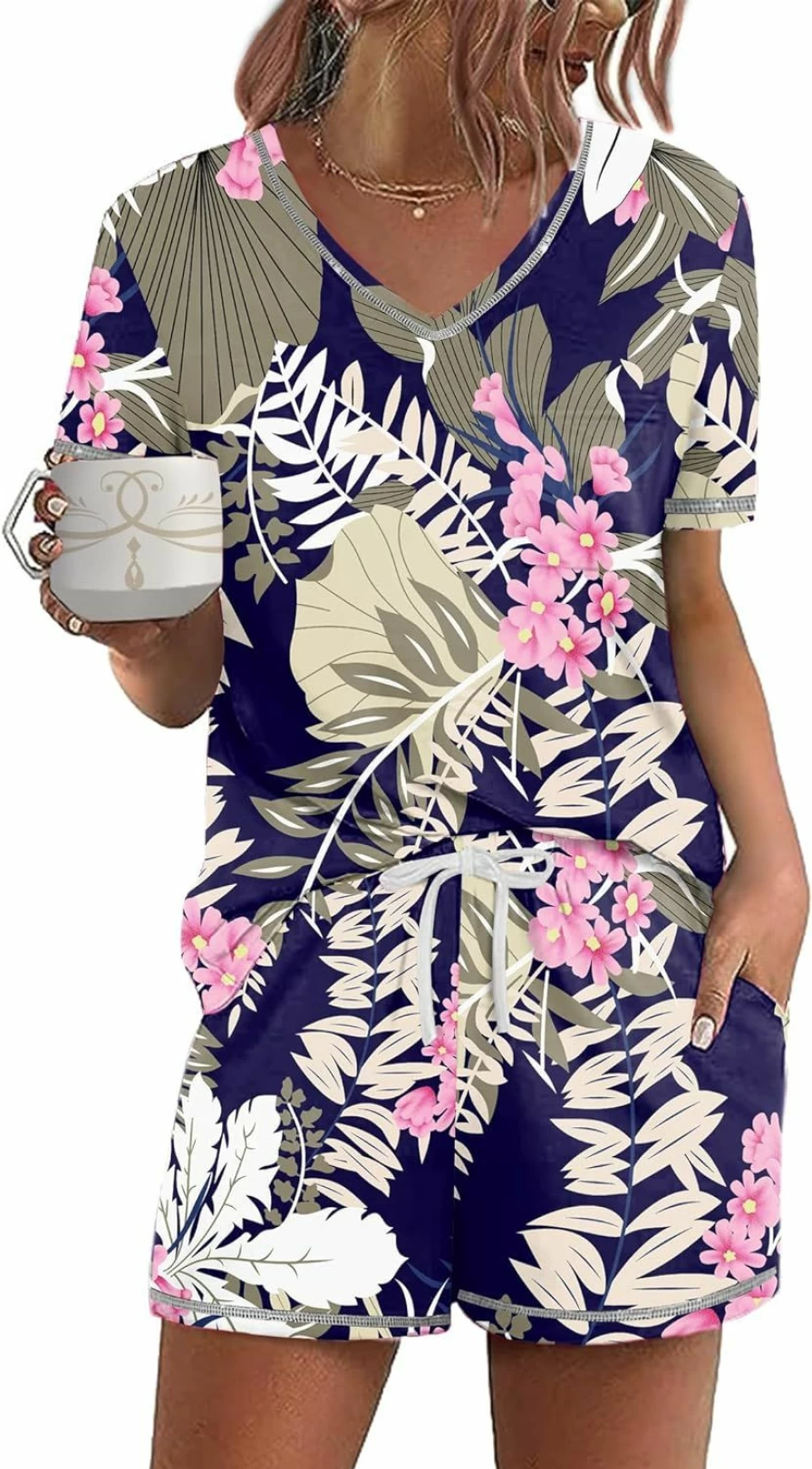 Ekouaer Women's Short Sleeve Pajama Set - Comfortable Sleepwear & Lounge Two-Piece PJS with Pockets