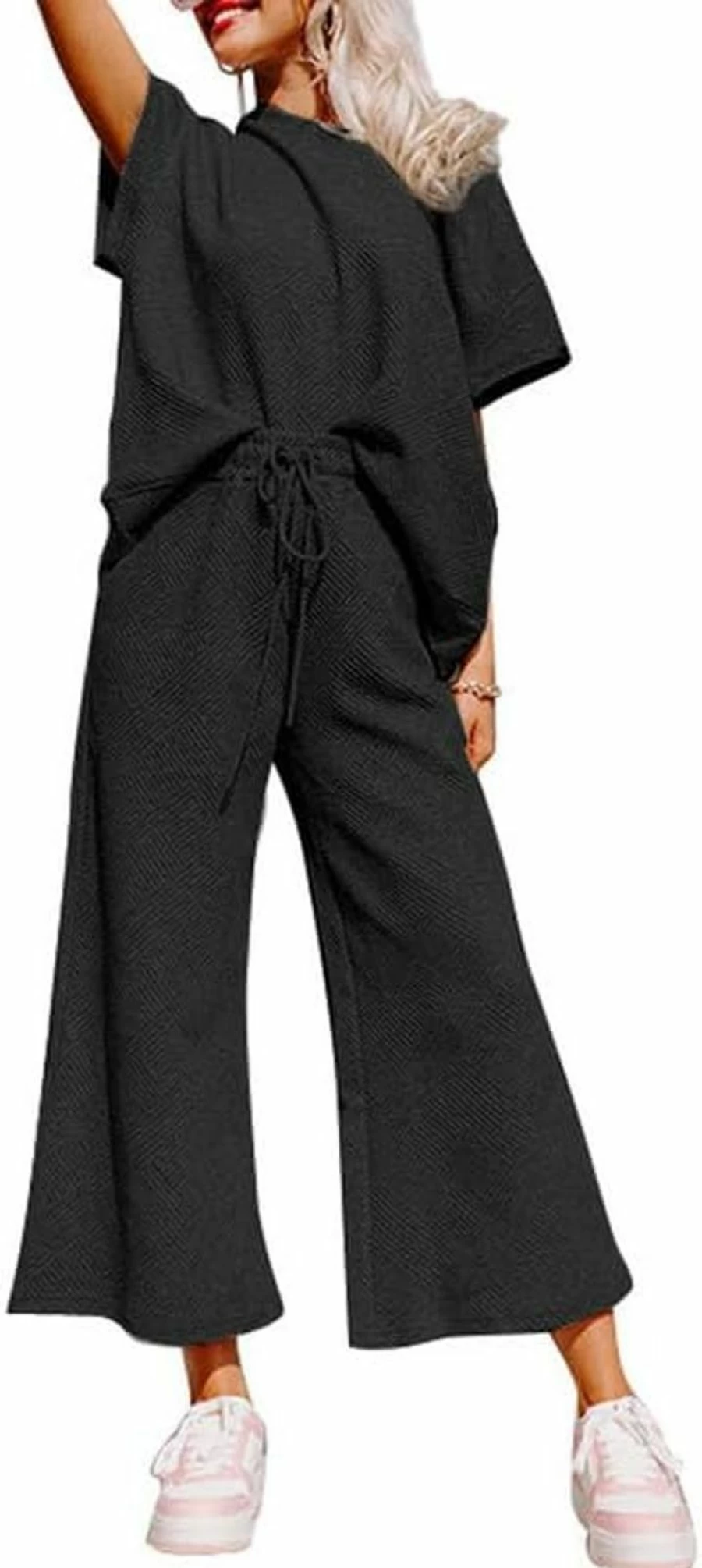 SHEWIN Women's Casual 2-Piece Sweatsuit Set - Short Sleeve Pullover Top & Drawstring Wide Leg Pants Lounge Outfit