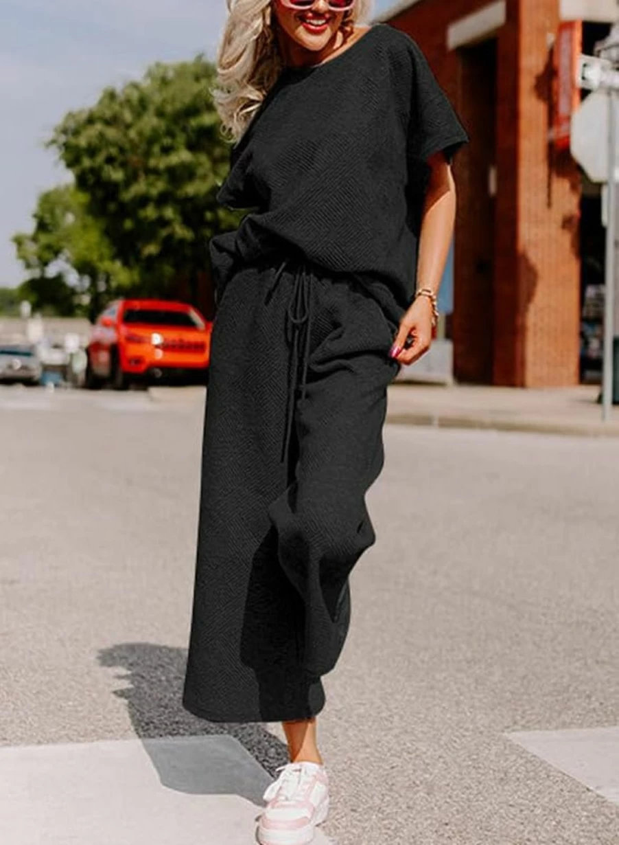 SHEWIN Women's Casual 2-Piece Sweatsuit Set - Short Sleeve Pullover Top & Drawstring Wide Leg Pants Lounge Outfit