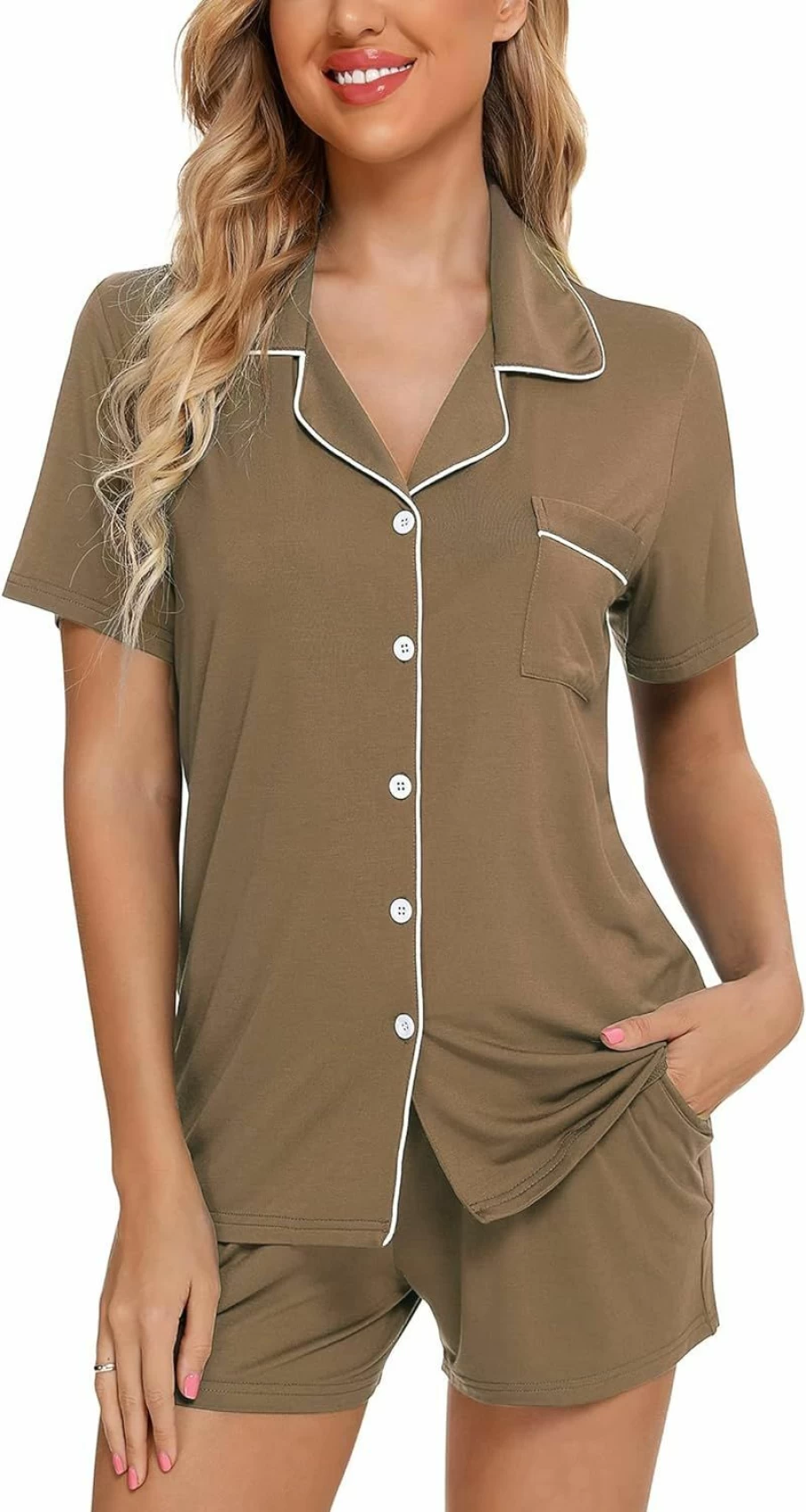 Samring Women's Soft Short Sleeve Pajama Set - Button Down Sleepwear with Shorts (S-XXL) Comfortable Nightwear