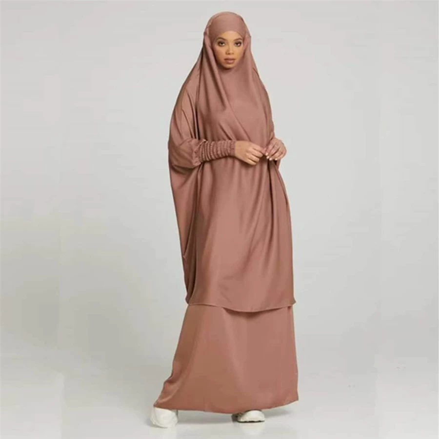 "XINNI Women's 2-Piece Muslim Abaya Set - Long Sleeve Solid Color Thobe with Hooded Hijab, Plus Size Flowy Longuette Dress"