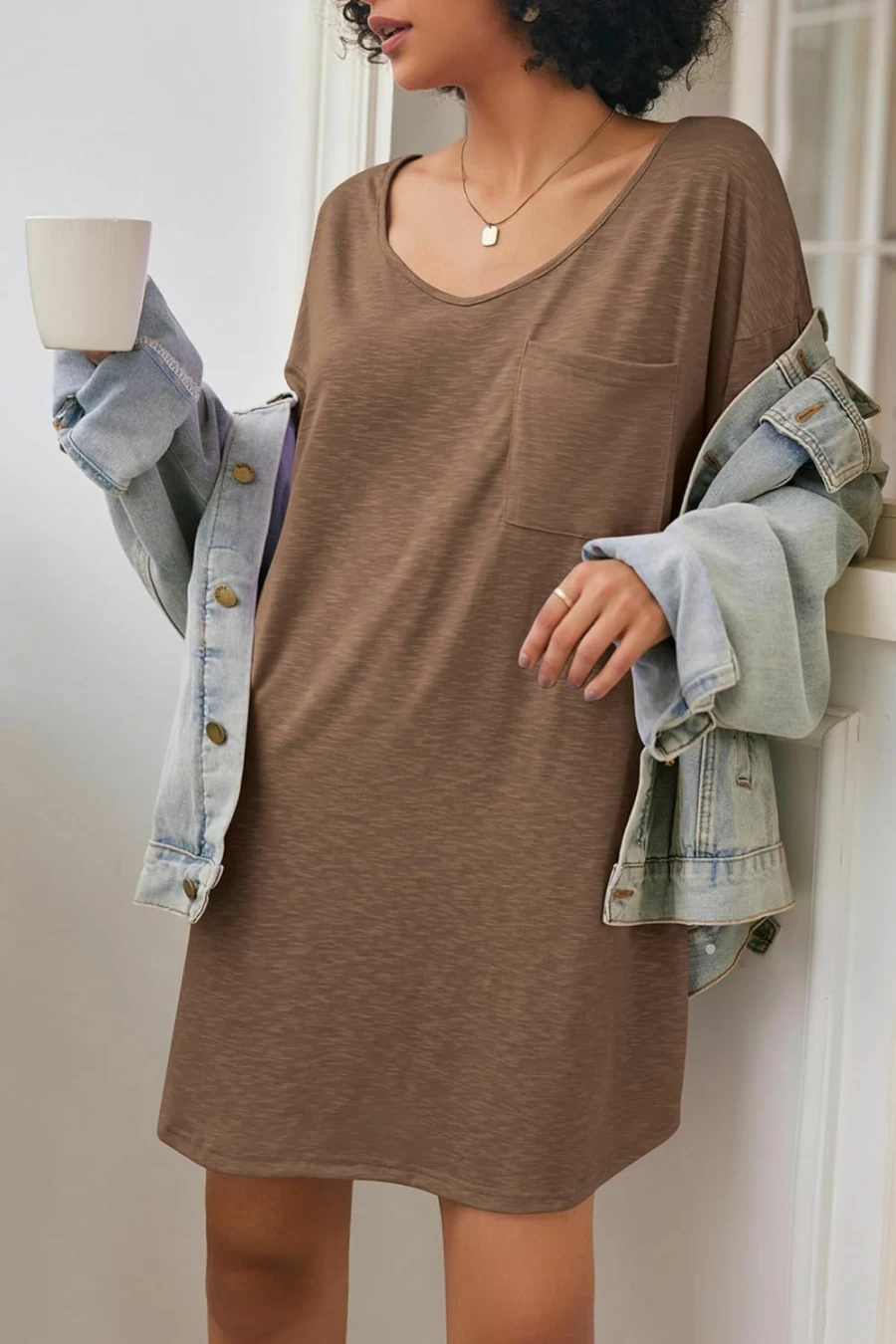 Ekouaer Women's Cotton V-Neck Sleepshirt - Comfortable Casual Nightshirt & Lounge T-Shirt for Women