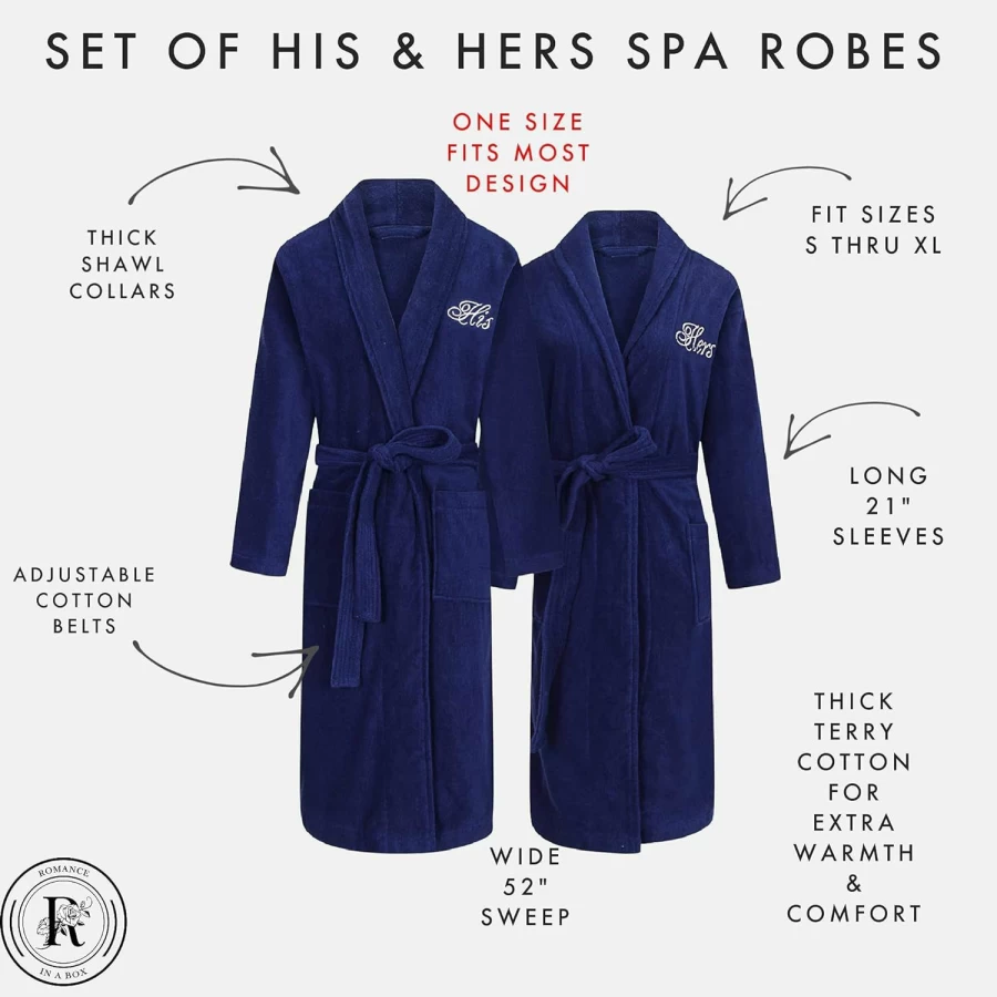 "Romance Helpers Couples Robe Set - His & Hers 100% Terry Cotton Robes with Shawl Collar, Extra Thick Long Sleeve Bathrobes for Two"
