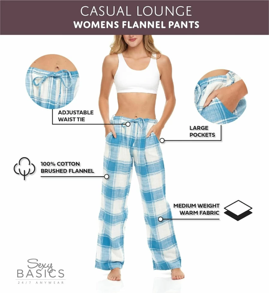 "Sexy Basics Women's Flannel Sleep Pants - Soft Brushed Cotton Lounge Pajama Long Pants (3-Pack)"