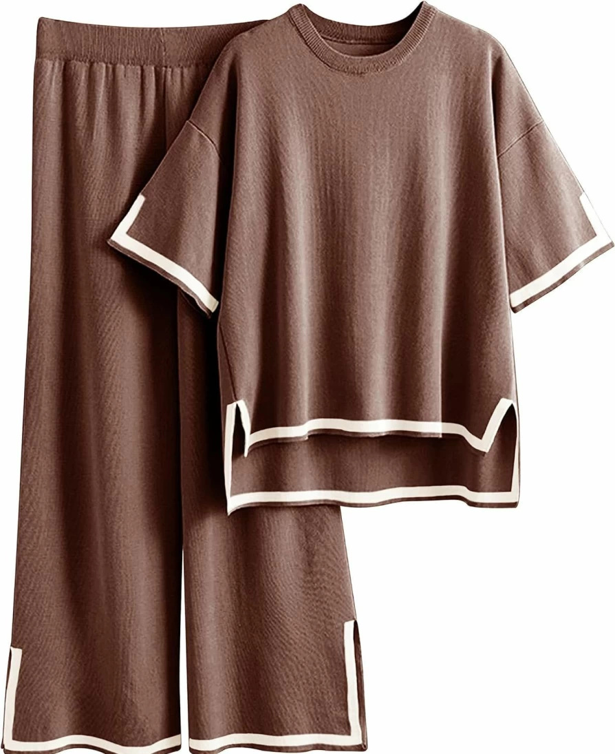 Tanming Women's 2-Piece Knit Lounge Set - Short Sleeve Pullover Top & Wide Leg Pants - Comfortable Sweater Outfit