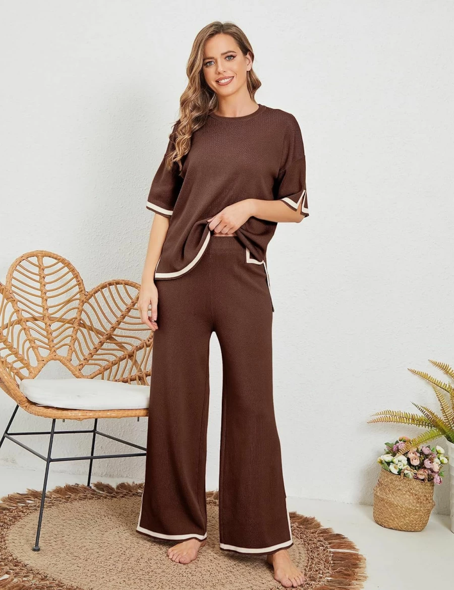 Tanming Women's 2-Piece Knit Lounge Set - Short Sleeve Pullover Top & Wide Leg Pants - Comfortable Sweater Outfit