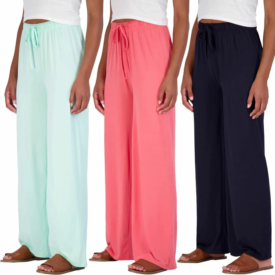 Real Essentials Women's Plus Size 3-Pack Wide Leg Palazzo Lounge Pants - Soft Casual Drawstring Pajama Pants for Comfort
